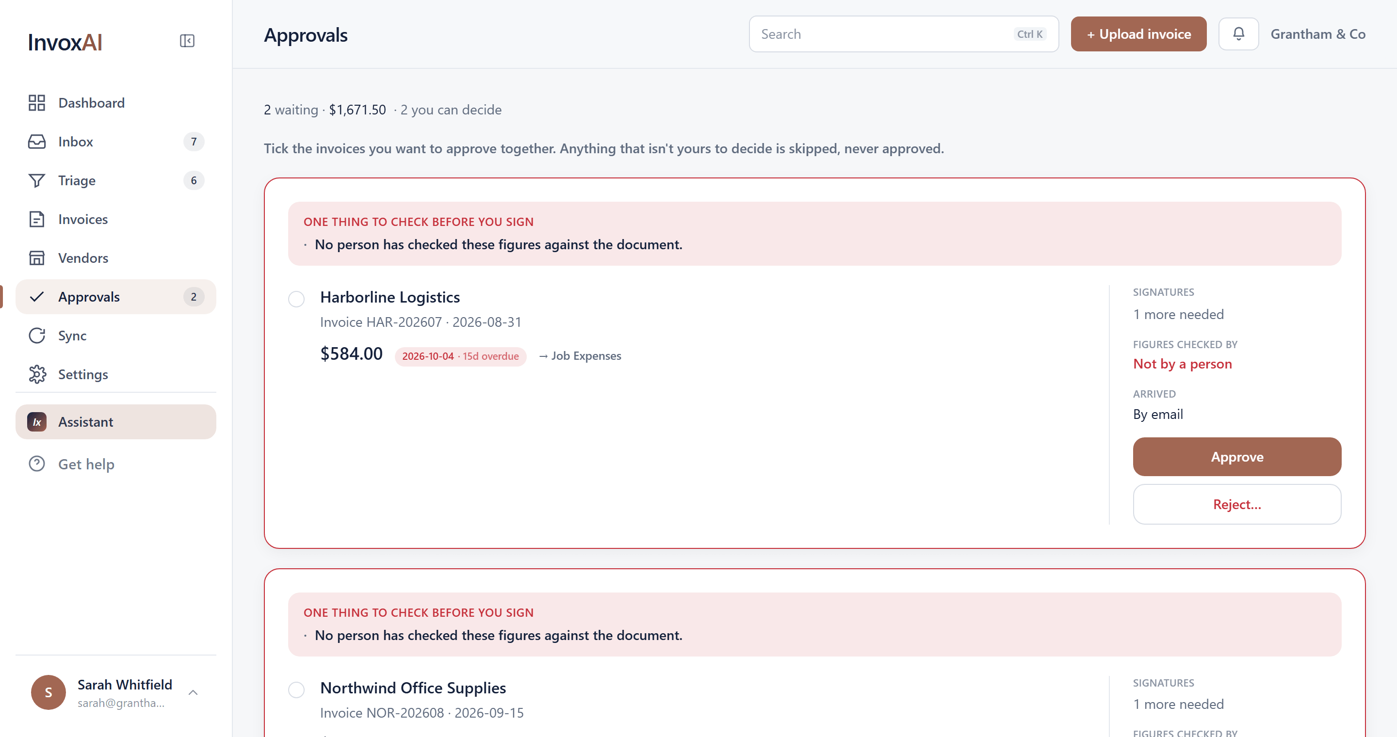 An approval queue entry headed “one thing to check before you sign”, showing signatures still needed, who checked the figures, and how the invoice arrived.
