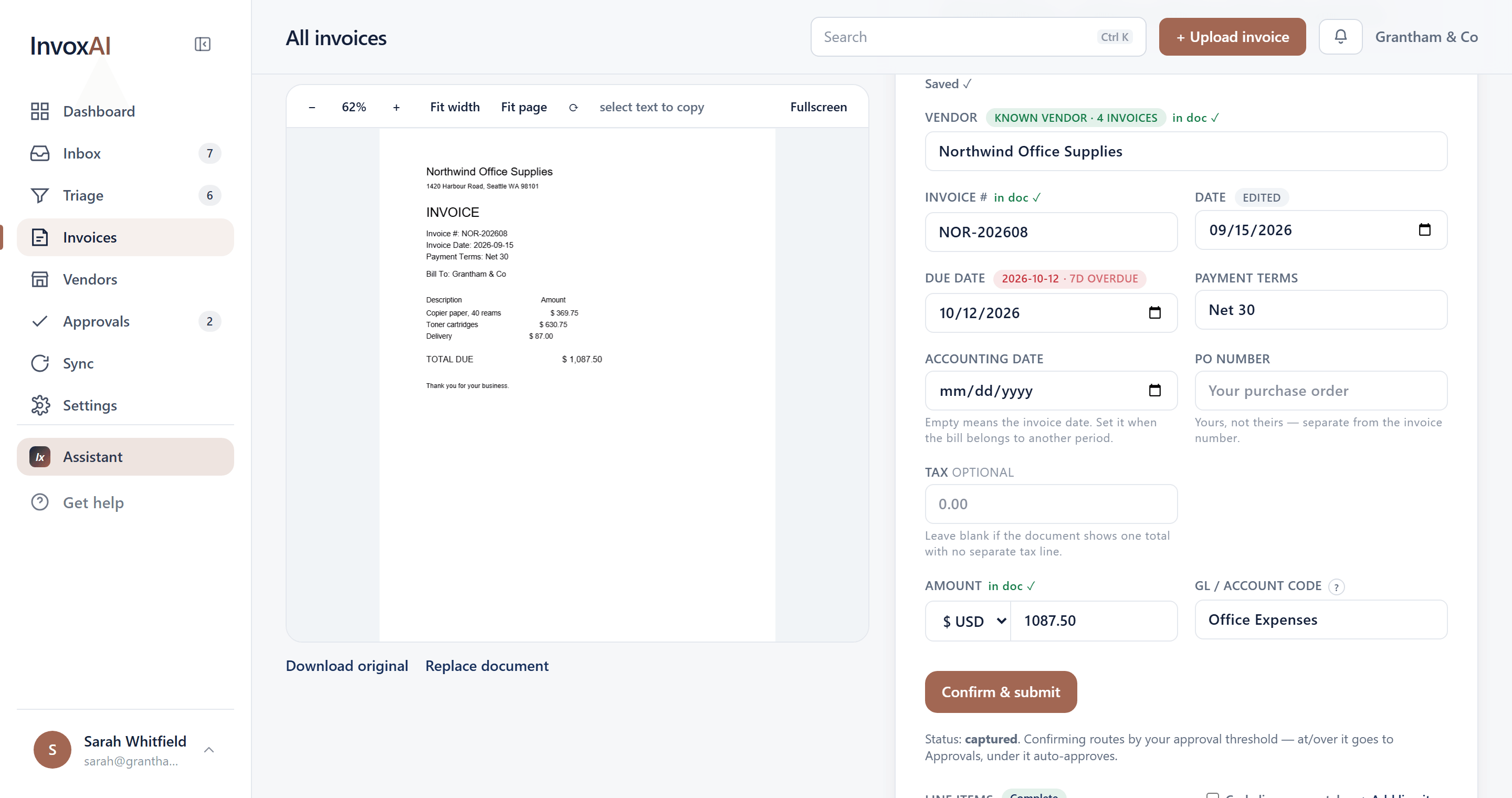 An invoice PDF beside the fields read from it — vendor, invoice number, dates, payment terms, amount and account code — with the vendor marked as a known vendor with four previous invoices, and vendor, invoice number and amount each marked “in doc ✓” to show the value was found in the document itself.